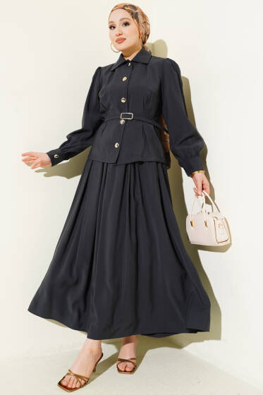 Düğmeli Pens Detaylı Modal Etekli Takım Füme - İkili Takım