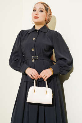 Düğmeli Pens Detaylı Modal Etekli Takım Füme - İkili Takım