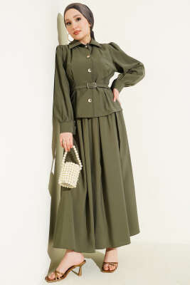 Düğmeli Pens Detaylı Modal Etekli Takım Haki - MUSTİ