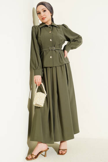 Düğmeli Pens Detaylı Modal Etekli Takım Haki - İkili Takım
