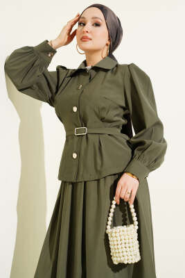 Düğmeli Pens Detaylı Modal Etekli Takım Haki - İkili Takım