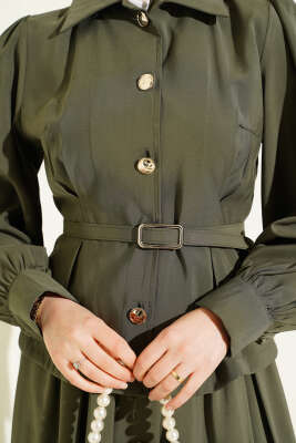 Düğmeli Pens Detaylı Modal Etekli Takım Haki - İkili Takım