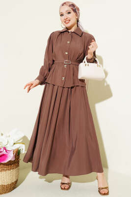 Düğmeli Pens Detaylı Modal Etekli Takım Kahve - MUSTİ