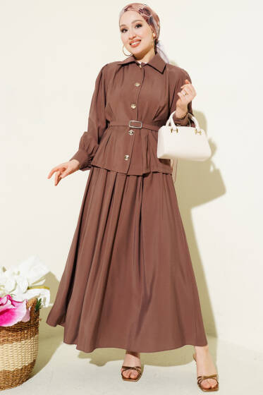 Düğmeli Pens Detaylı Modal Etekli Takım Kahve - İkili Takım