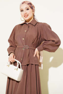 Düğmeli Pens Detaylı Modal Etekli Takım Kahve - İkili Takım