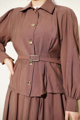 Düğmeli Pens Detaylı Modal Etekli Takım Kahve - İkili Takım