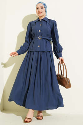 Düğmeli Pens Detaylı Modal Etekli Takım Lacivert - MUSTİ