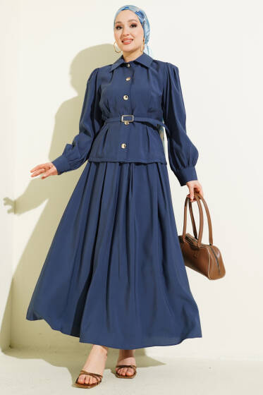 Düğmeli Pens Detaylı Modal Etekli Takım Lacivert - İkili Takım