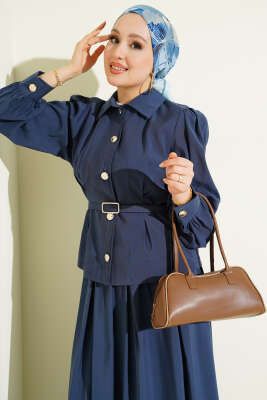 Düğmeli Pens Detaylı Modal Etekli Takım Lacivert - İkili Takım