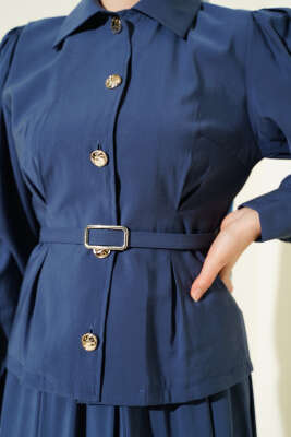 Düğmeli Pens Detaylı Modal Etekli Takım Lacivert - İkili Takım