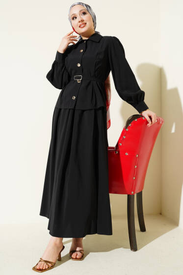 Düğmeli Pens Detaylı Modal Etekli Takım Siyah - İkili Takım