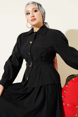 Düğmeli Pens Detaylı Modal Etekli Takım Siyah - İkili Takım