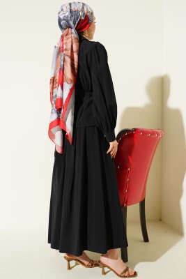 Düğmeli Pens Detaylı Modal Etekli Takım Siyah - İkili Takım