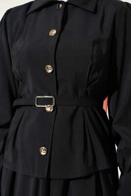 Düğmeli Pens Detaylı Modal Etekli Takım Siyah - İkili Takım