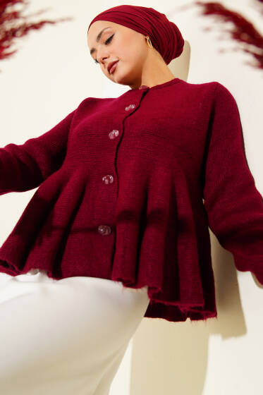 Düğmeli Pile Detaylı Triko Hırka Bordo - Hırka