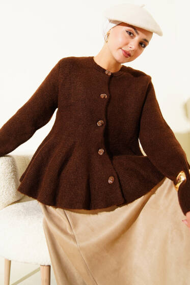 Düğmeli Pile Detaylı Triko Hırka Kahve - Hırka