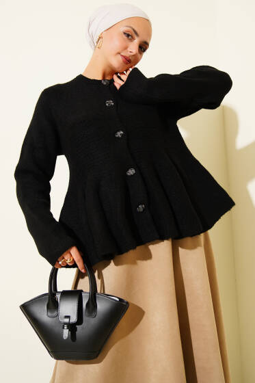 Düğmeli Pile Detaylı Triko Hırka Siyah - Hırka