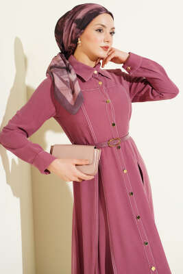 Düğmeli Pileli Kemerli Elbise Gül Kurusu - Elbise