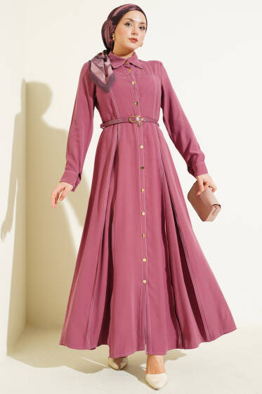 Düğmeli Pileli Kemerli Elbise Gül Kurusu - Elbise