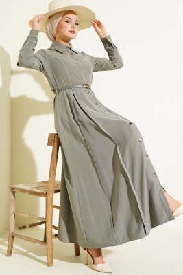 Düğmeli Pileli Kemerli Elbise Haki - BERAT TEKSTİL
