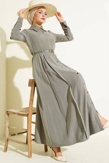 Düğmeli Pileli Kemerli Elbise Haki - Elbise