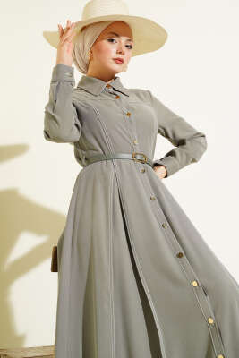 Düğmeli Pileli Kemerli Elbise Haki - Elbise