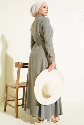 Düğmeli Pileli Kemerli Elbise Haki - Elbise