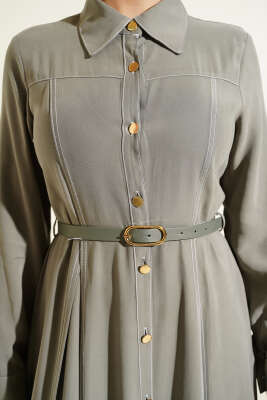 Düğmeli Pileli Kemerli Elbise Haki - Elbise