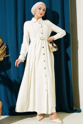 Düğmeli Pileli Kemerli Elbise Krem - Elbise