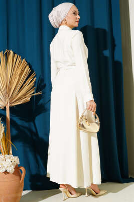 Düğmeli Pileli Kemerli Elbise Krem - Elbise