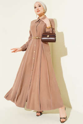 Düğmeli Pileli Kemerli Elbise Latte - BERAT TEKSTİL