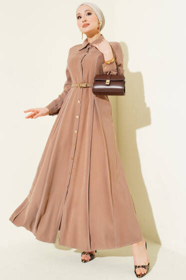 Düğmeli Pileli Kemerli Elbise Latte - Elbise