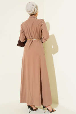 Düğmeli Pileli Kemerli Elbise Latte - Elbise