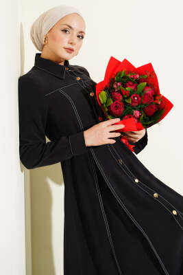 Düğmeli Pileli Kemerli Elbise Siyah - Elbise