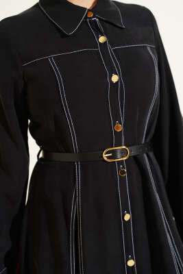 Düğmeli Pileli Kemerli Elbise Siyah - Elbise