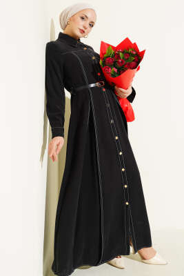 Düğmeli Pileli Kemerli Elbise Siyah - BERAT TEKSTİL