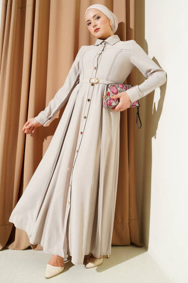 Düğmeli Pileli Kemerli Elbise Taş - Elbise