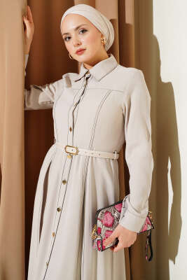 Düğmeli Pileli Kemerli Elbise Taş - Elbise