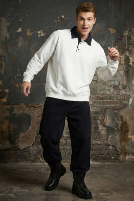 Düğmeli Polo Yaka Erkek Sweatshirt Beyaz - Yeni Erkek Giyim
