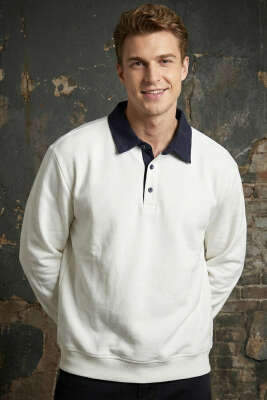 Düğmeli Polo Yaka Erkek Sweatshirt Beyaz - FRESHMAN