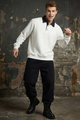 Düğmeli Polo Yaka Erkek Sweatshirt Beyaz - Yeni Erkek Giyim