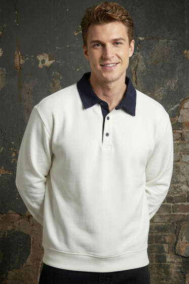 Düğmeli Polo Yaka Erkek Sweatshirt Beyaz - Yeni Erkek Giyim