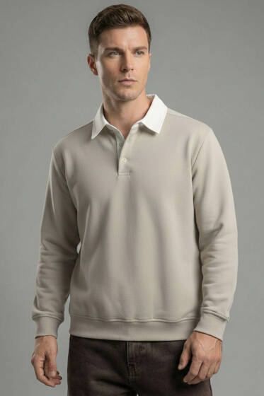Düğmeli Polo Yaka Erkek Sweatshirt Gri - Erkek Polo Yaka Tişört