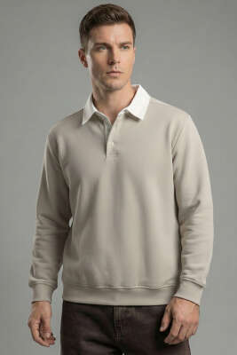 Düğmeli Polo Yaka Erkek Sweatshirt Gri 