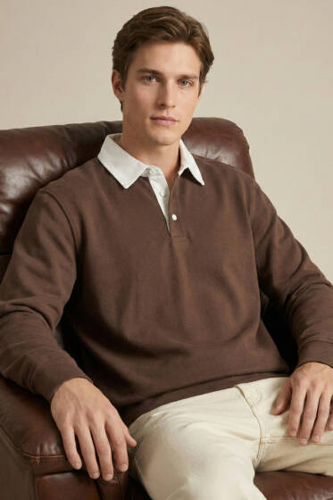 Düğmeli Polo Yaka Erkek Sweatshirt Kahve - Erkek Polo Yaka Tişört