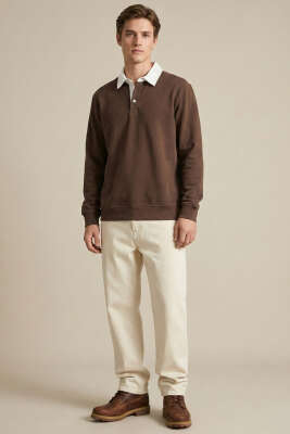 Düğmeli Polo Yaka Erkek Sweatshirt Kahve - Erkek Polo Yaka Tişört