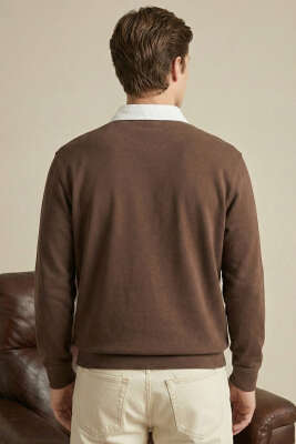 Düğmeli Polo Yaka Erkek Sweatshirt Kahve - Erkek Polo Yaka Tişört