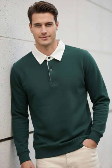 Düğmeli Polo Yaka Erkek Sweatshirt Nefti - Erkek Polo Yaka Tişört