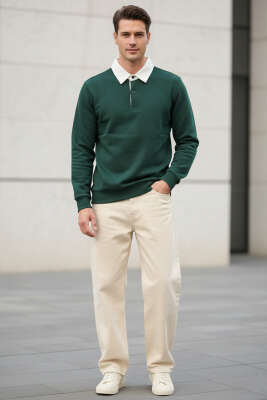 Düğmeli Polo Yaka Erkek Sweatshirt Nefti - Yeni Erkek Giyim