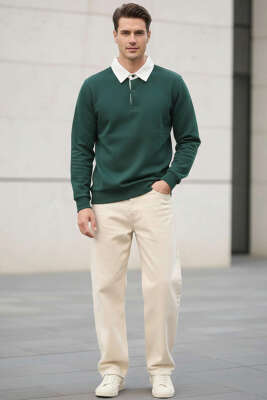 Düğmeli Polo Yaka Erkek Sweatshirt Nefti - Yeni Erkek Giyim